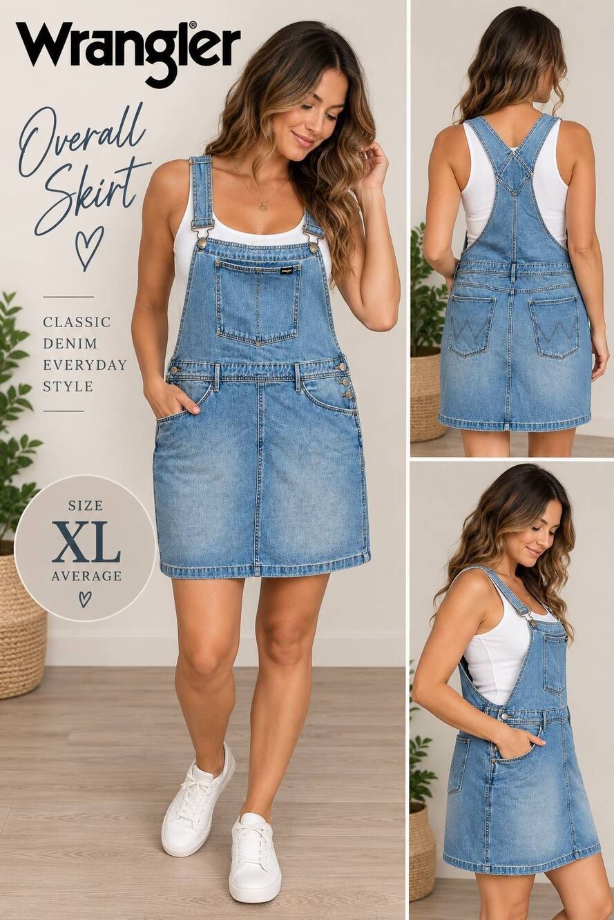 Wrangler Women’s XL Denim Overall Skirt Bib Dress Blue Jean Adjustable Straps